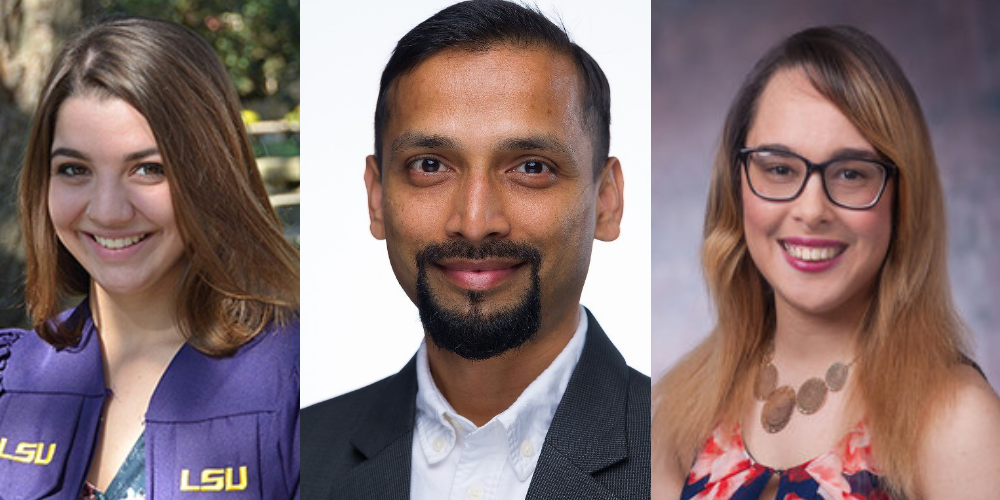 formal portraits of 2 female and 1 male graduate students